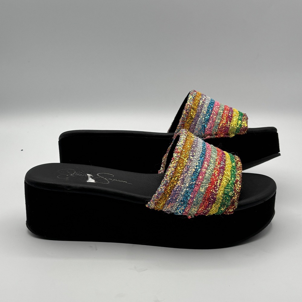 Jessica Simpson Platform Slides Women 8M Rainbow Glitter Chunky Retro Y2K Sandal